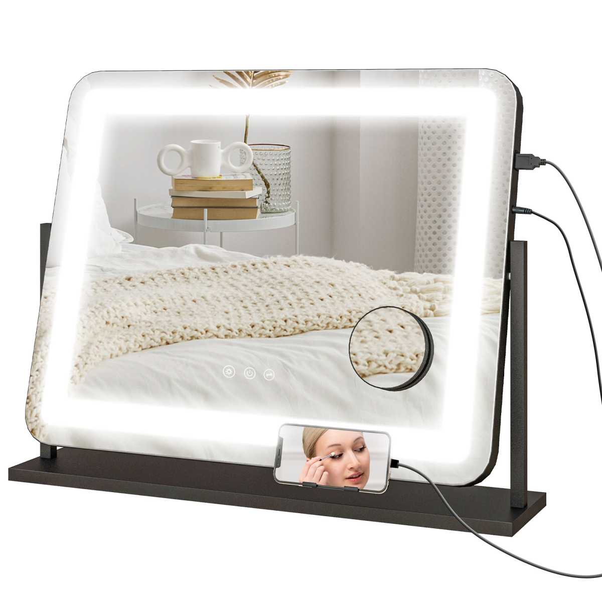 HOMCOM Dimmable Lighted Makeup Mirror with Magnifier, USB Port, 360° Rotation