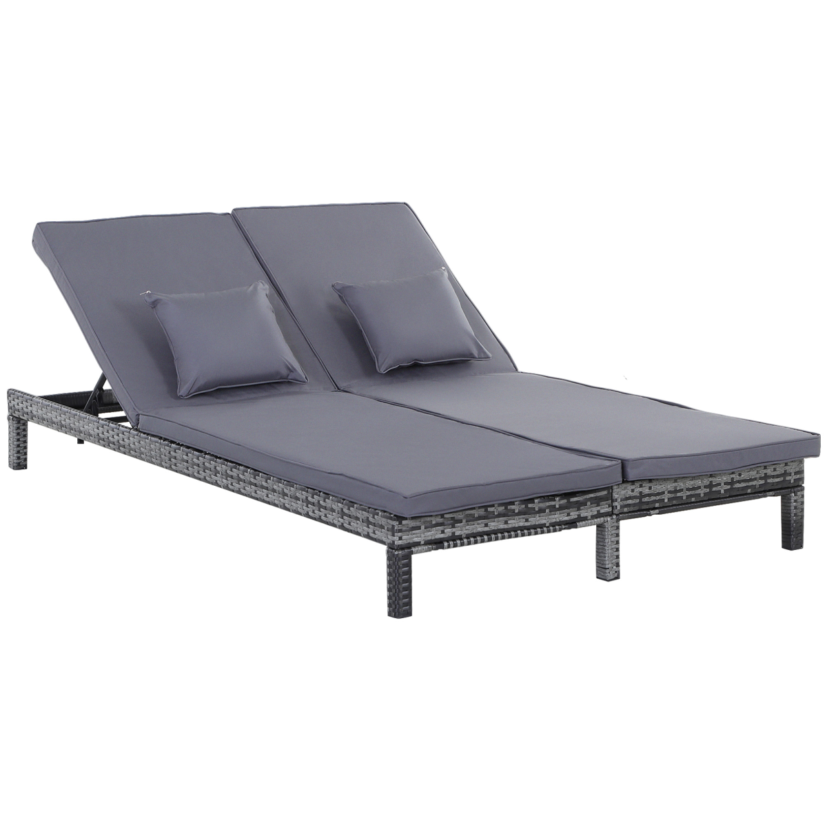 2 Seater Rattan Lounger Wicker Adjustable Double w/ Cushions Grey
