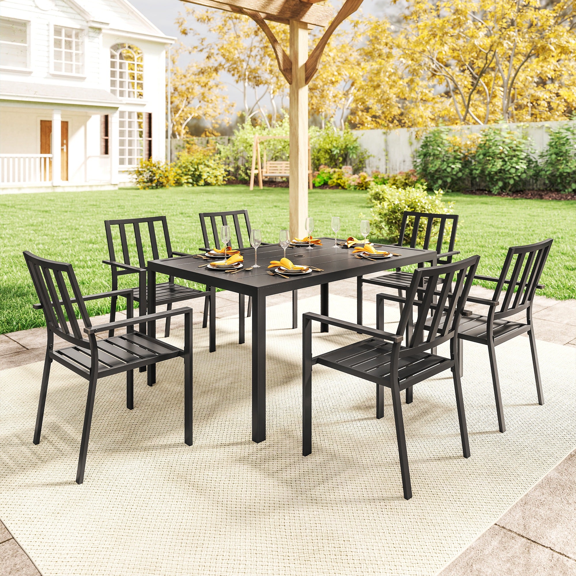 Outsunny 7 PCs Garden Dining Set w/ Stackable Chairs and Metal Top Table, Black