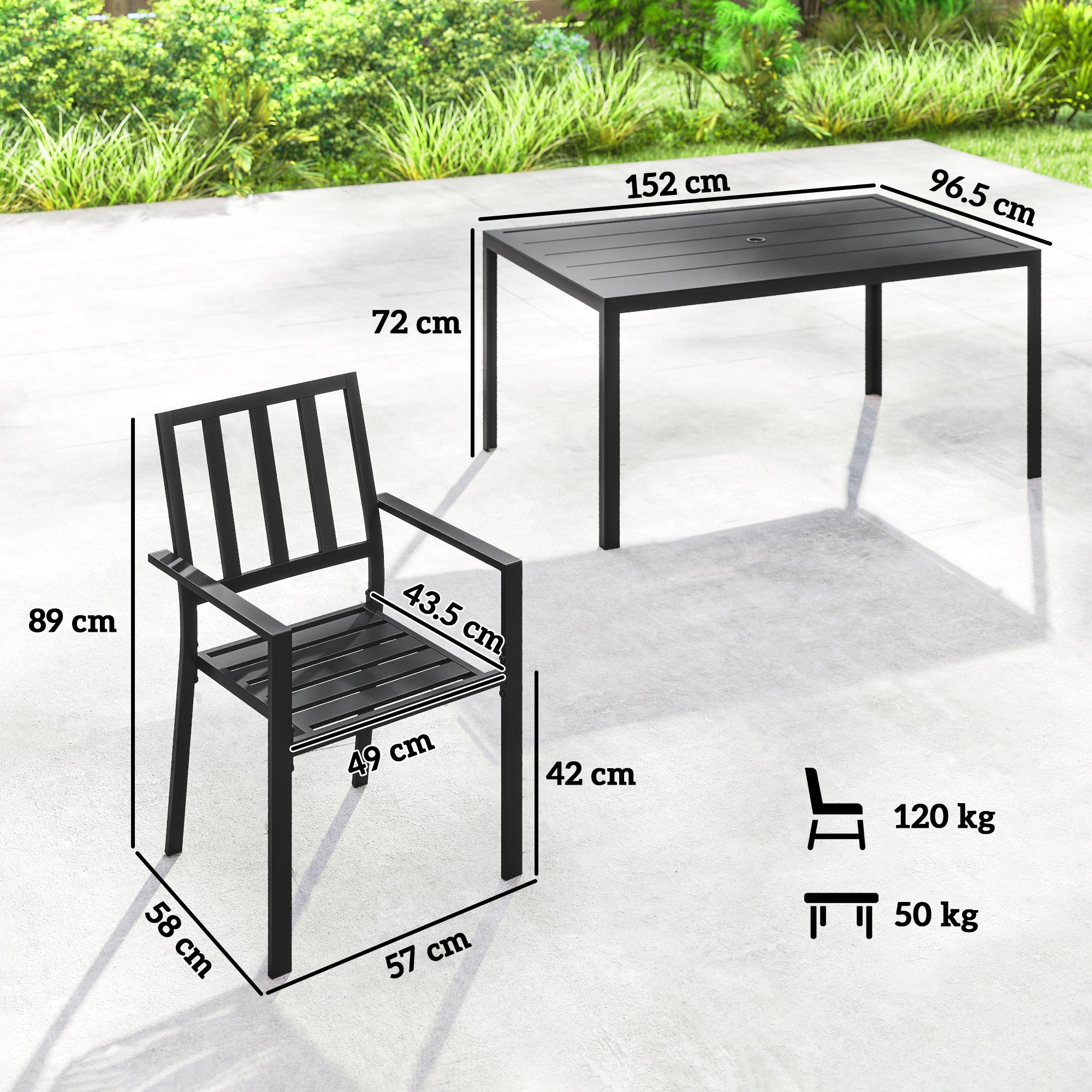 Outsunny 7 PCs Garden Dining Set w/ Stackable Chairs and Metal Top Table, Black