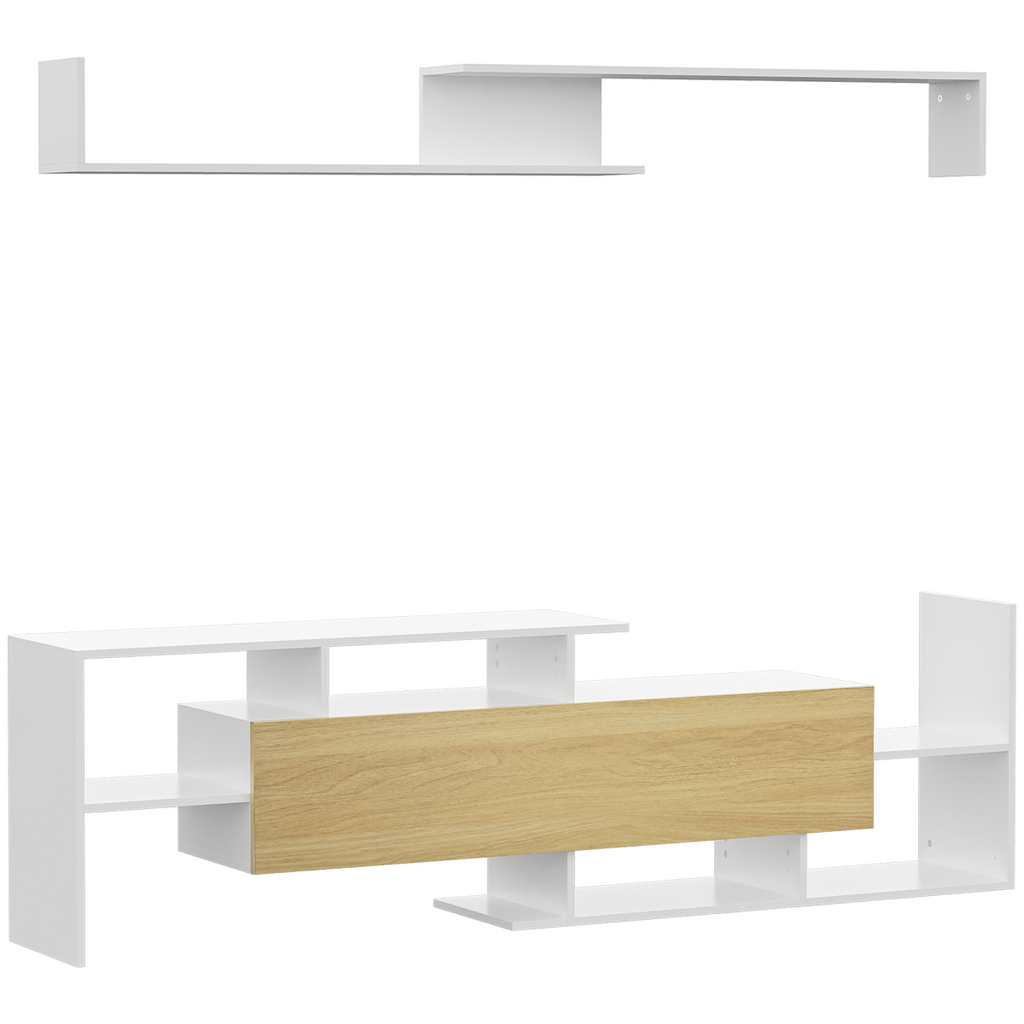 HOMCOM TV Cabinet Unit w/ Wall-Mounted Shelf, Open Shelves White and Natural