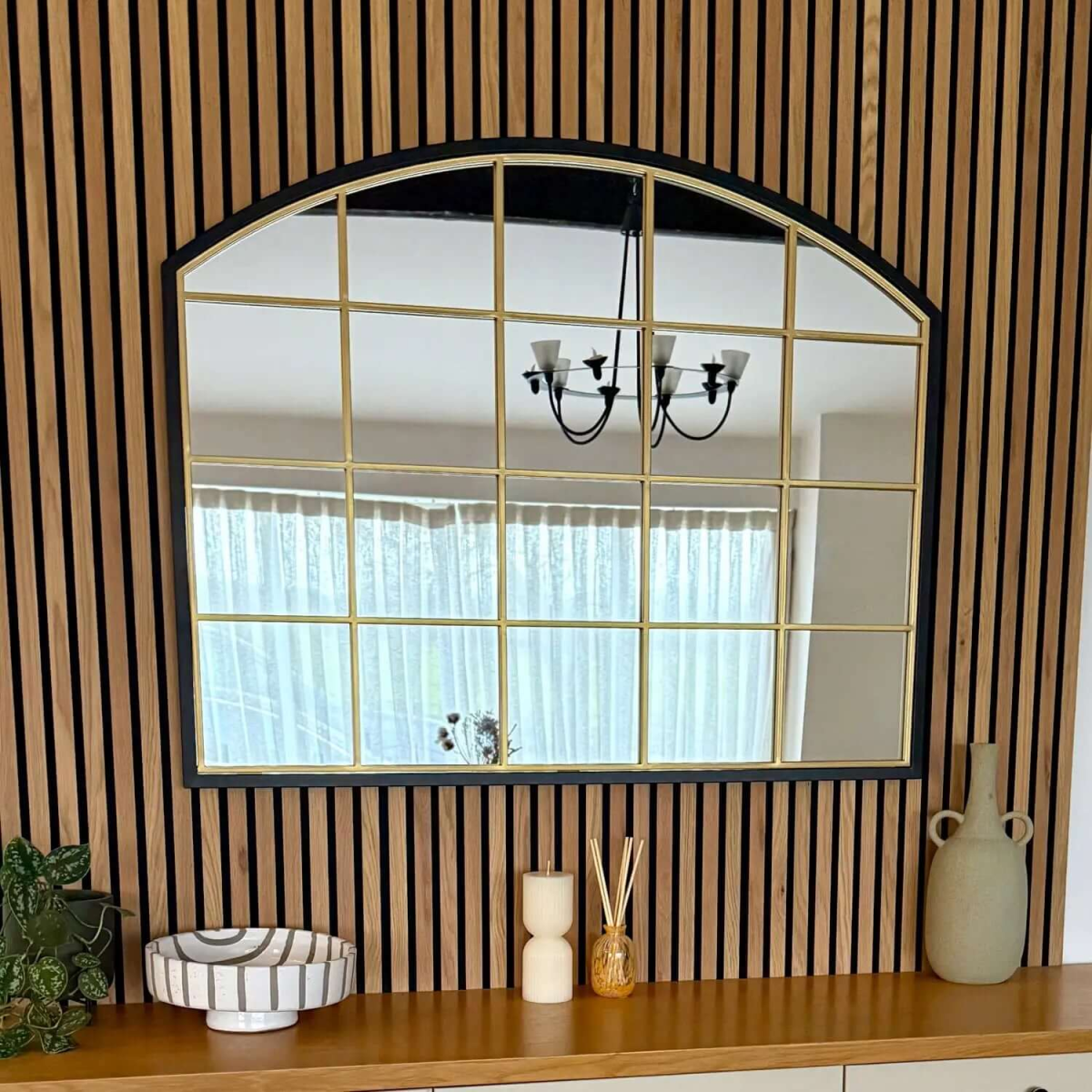 Tomi - Elegant Black & Gold Arched Window Mirror | 95cm x 120cm Statement Piece