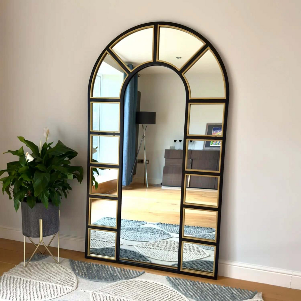 Mio Black & Gold Arched Window Mirror - Luxurious Statement Piece, 180cm x 105cm