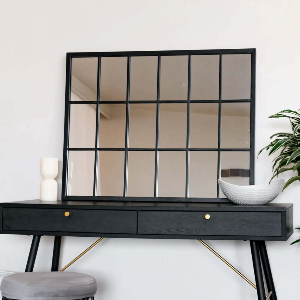 Kyō Black Metal Lattice Window Mirror - Stylish 90cm x 70cm Home Accent