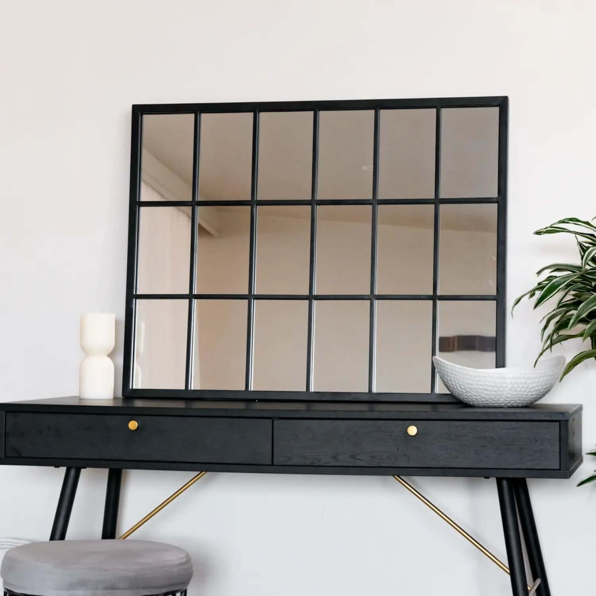 Kyō Black Metal Lattice Window Mirror - Stylish 90cm x 70cm Home Accent