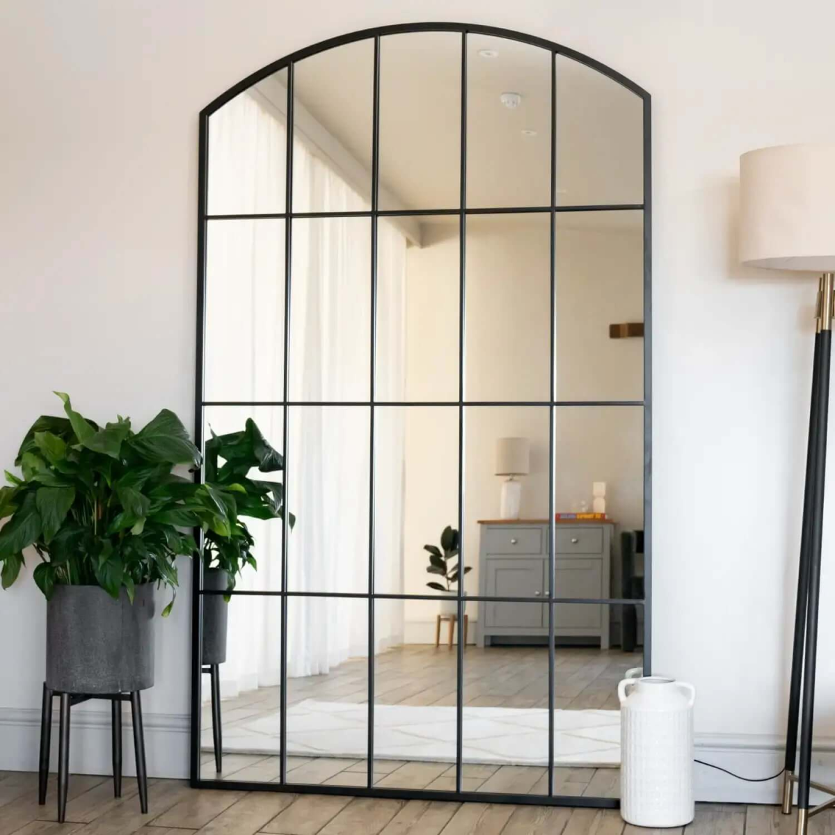 Tomi Full-Length Black Metal Lattice Window Mirror - Elegant Arched Design