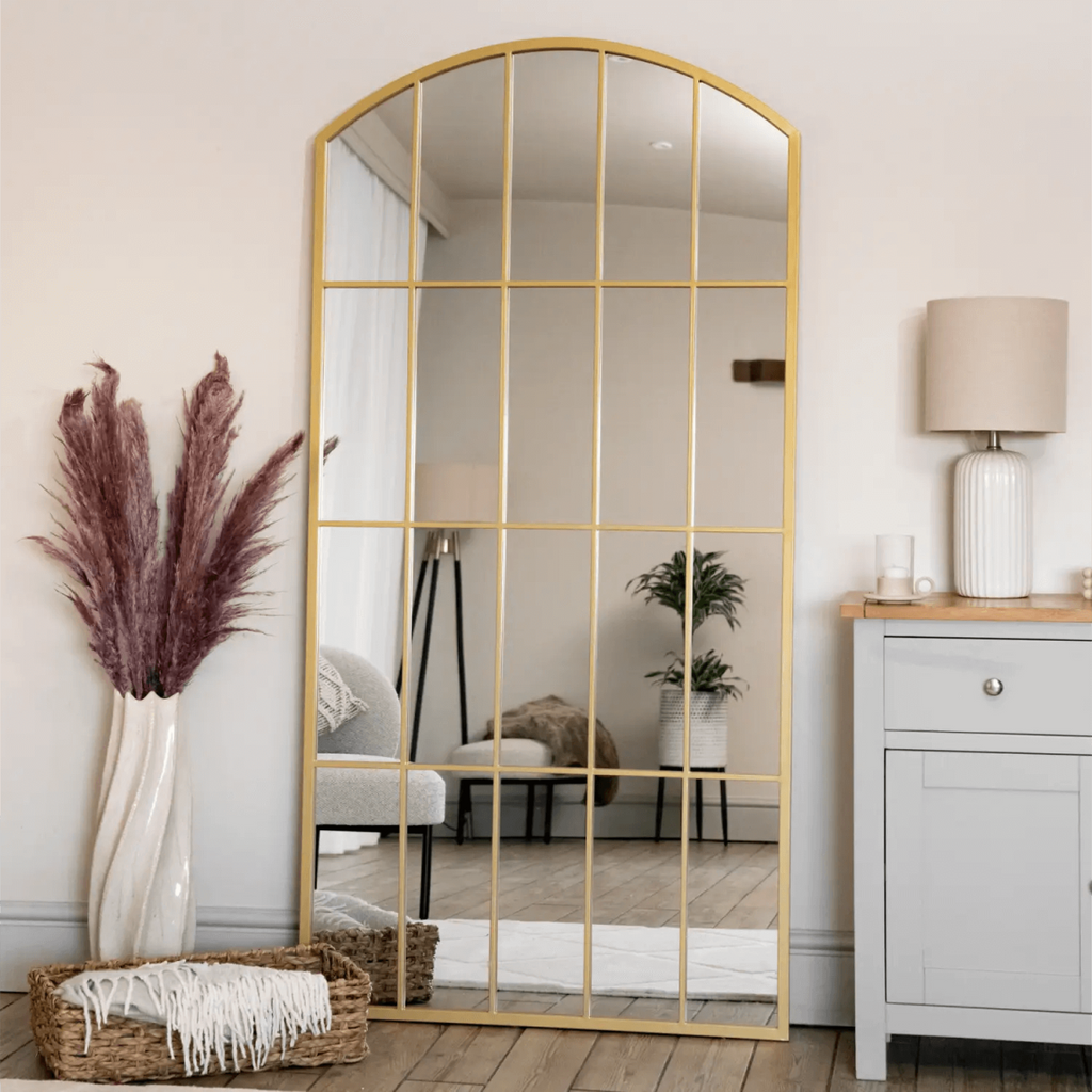 Tomi Gold Metal Arched Lattice Window Mirror - 180cm x 90cm Elegance