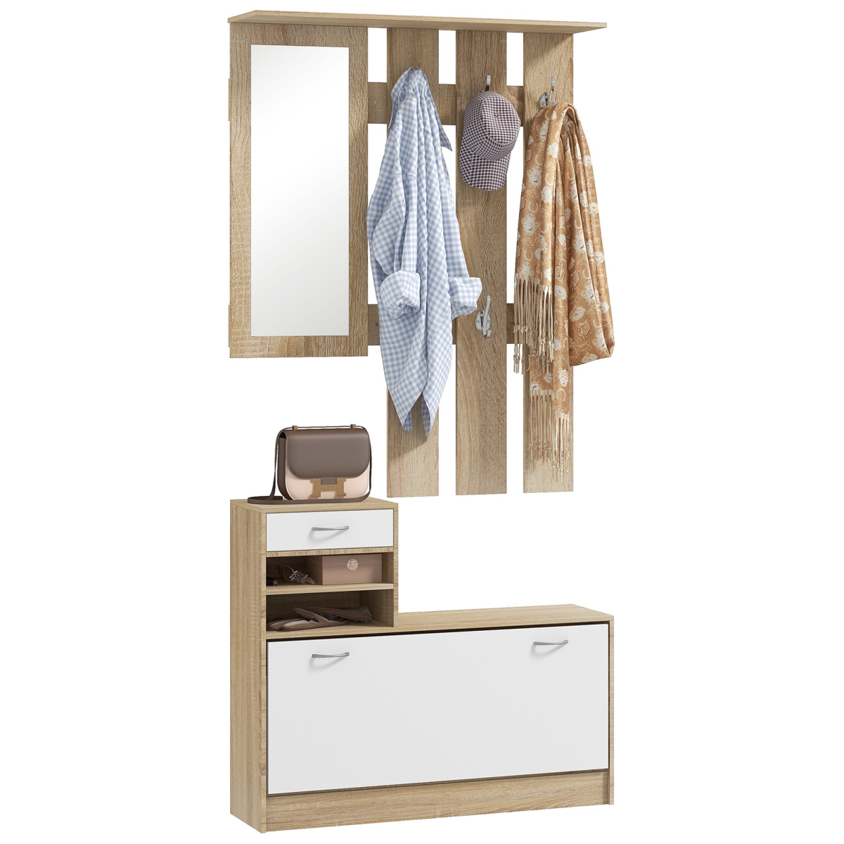 HOMCOM Hallway Furniture Set with Shoe Cabinet, Coat Rack and Mirror