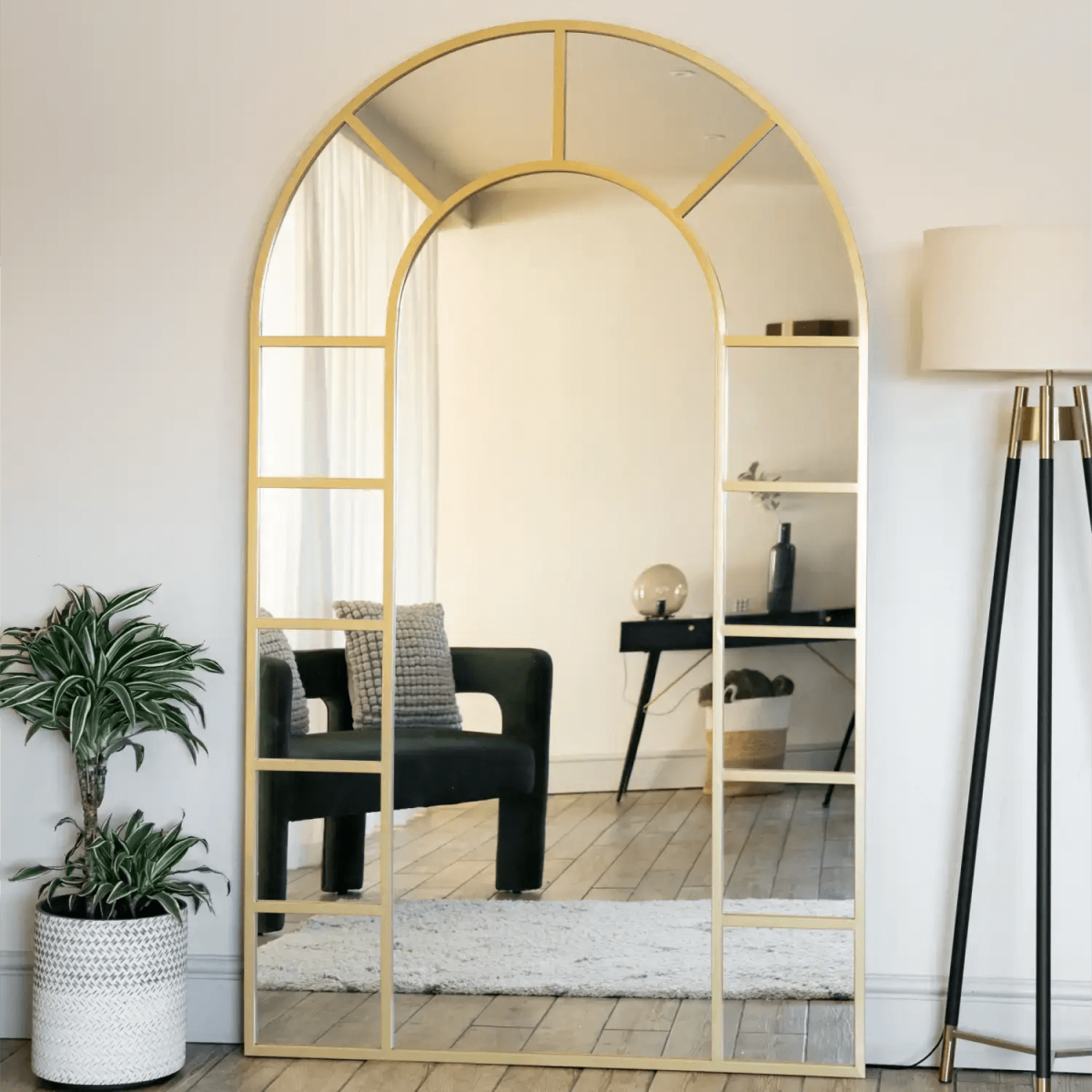 Elegant Mio Gold Metal Arched Window Mirror - 180cm x 90cm