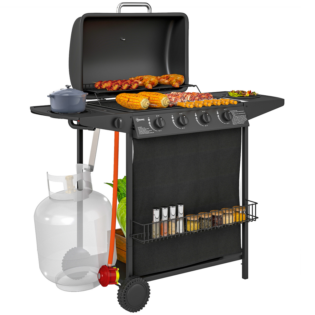 Outsunny 5 Burner Gas Barbecue Grill Portable Gas BBQ Grill with Lid, Black