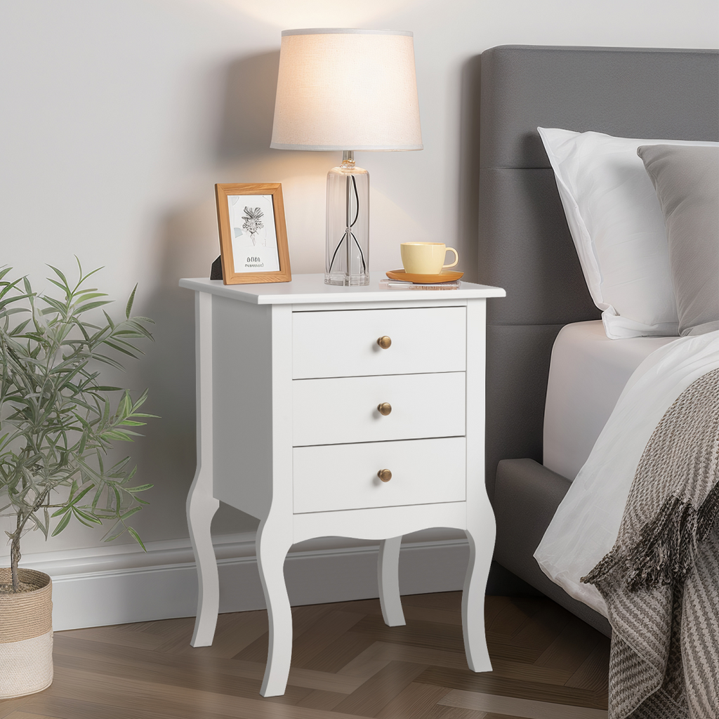 Elegant European White Bedside Table with 3-Tier Storage & Simple Design