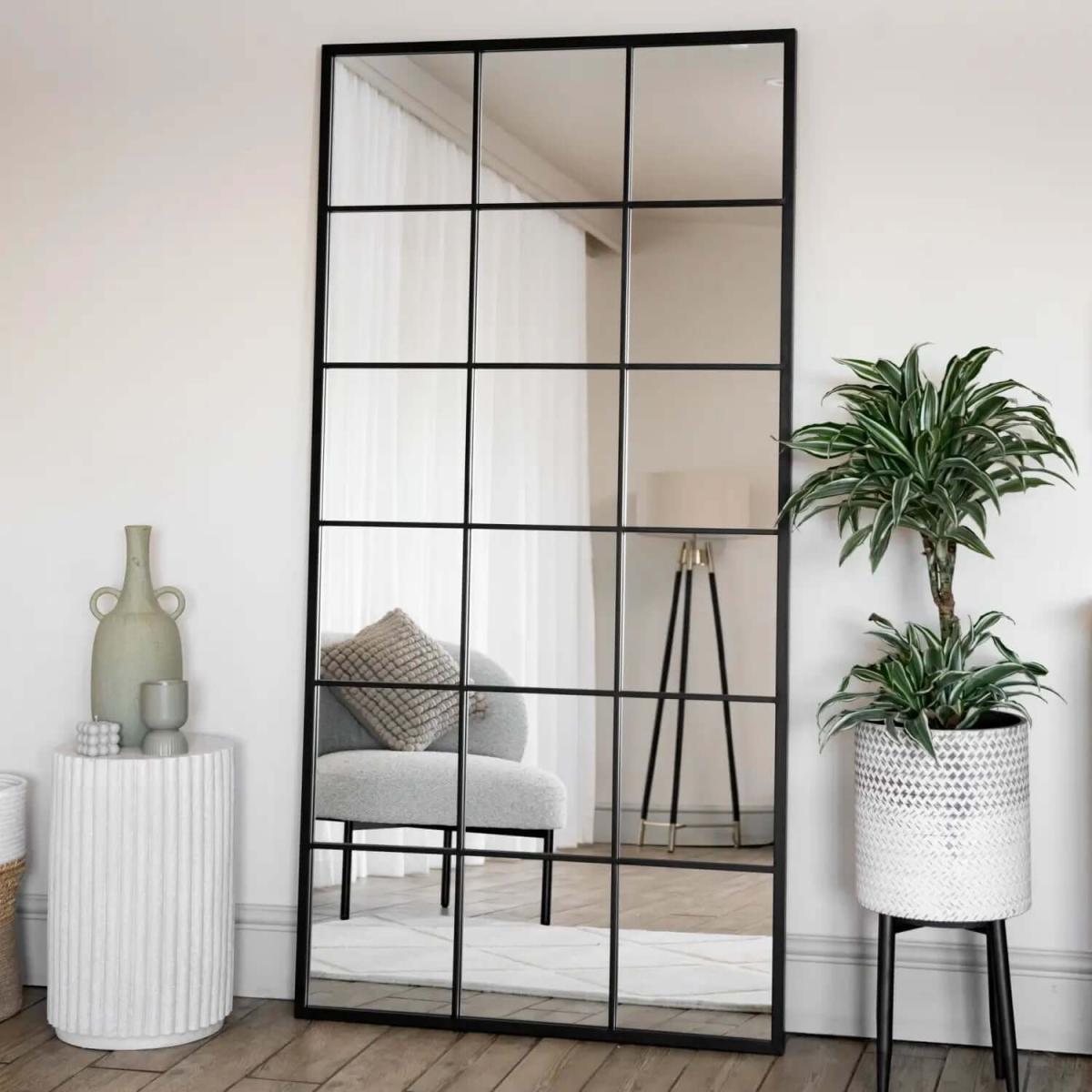 Kyō Black Metal Rectangle Lattice Window Mirror - Elegant 180cm x 90cm Design