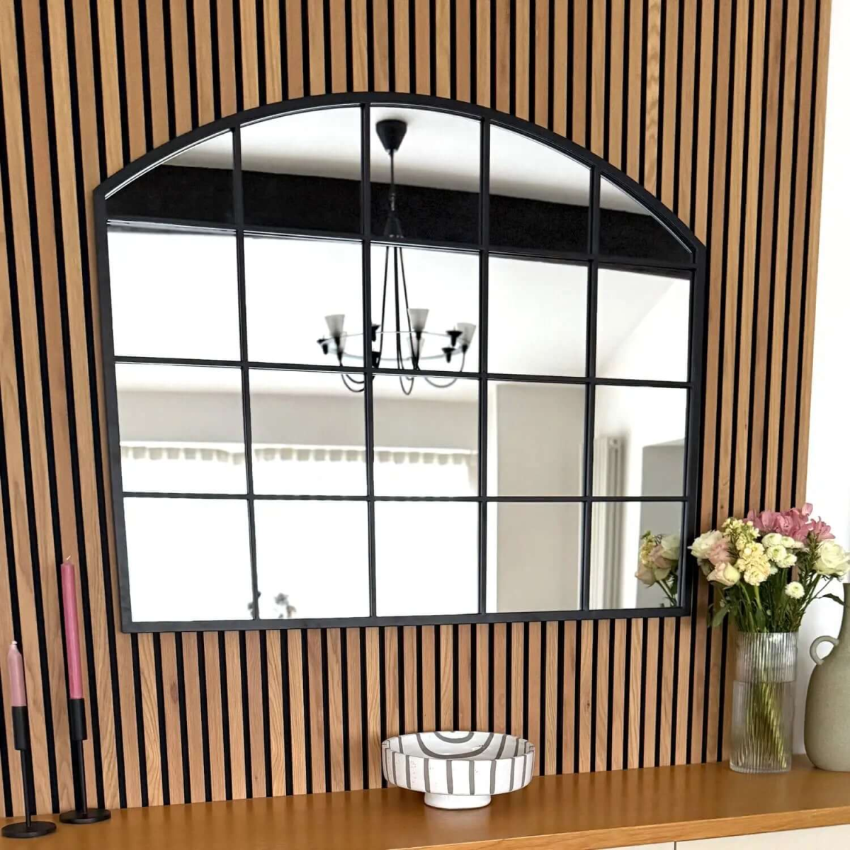 Tomi Black Metal Arched Lattice Window Mirror - Elegant 95cm x 120cm Statement Piece