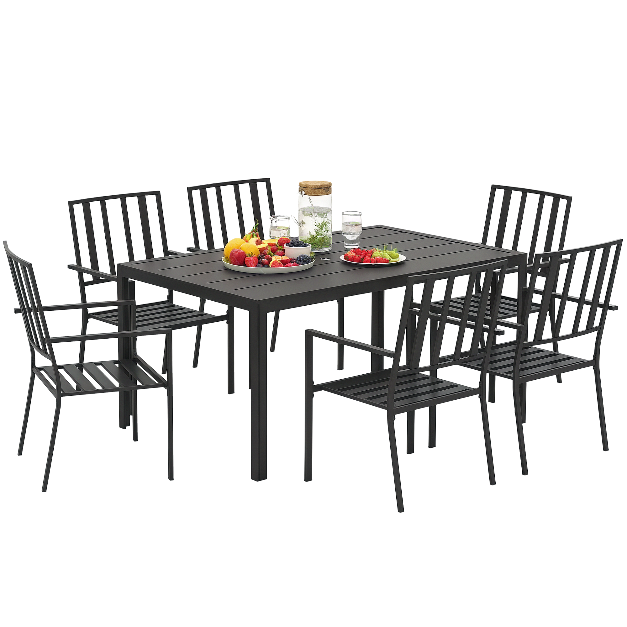 Outsunny 7 PCs Garden Dining Set w/ Stackable Chairs and Metal Top Table, Black