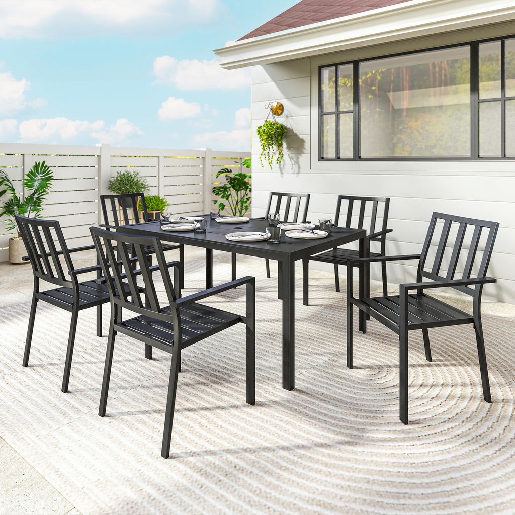 Outsunny 7 PCs Garden Dining Set w/ Stackable Chairs and Metal Top Table, Black