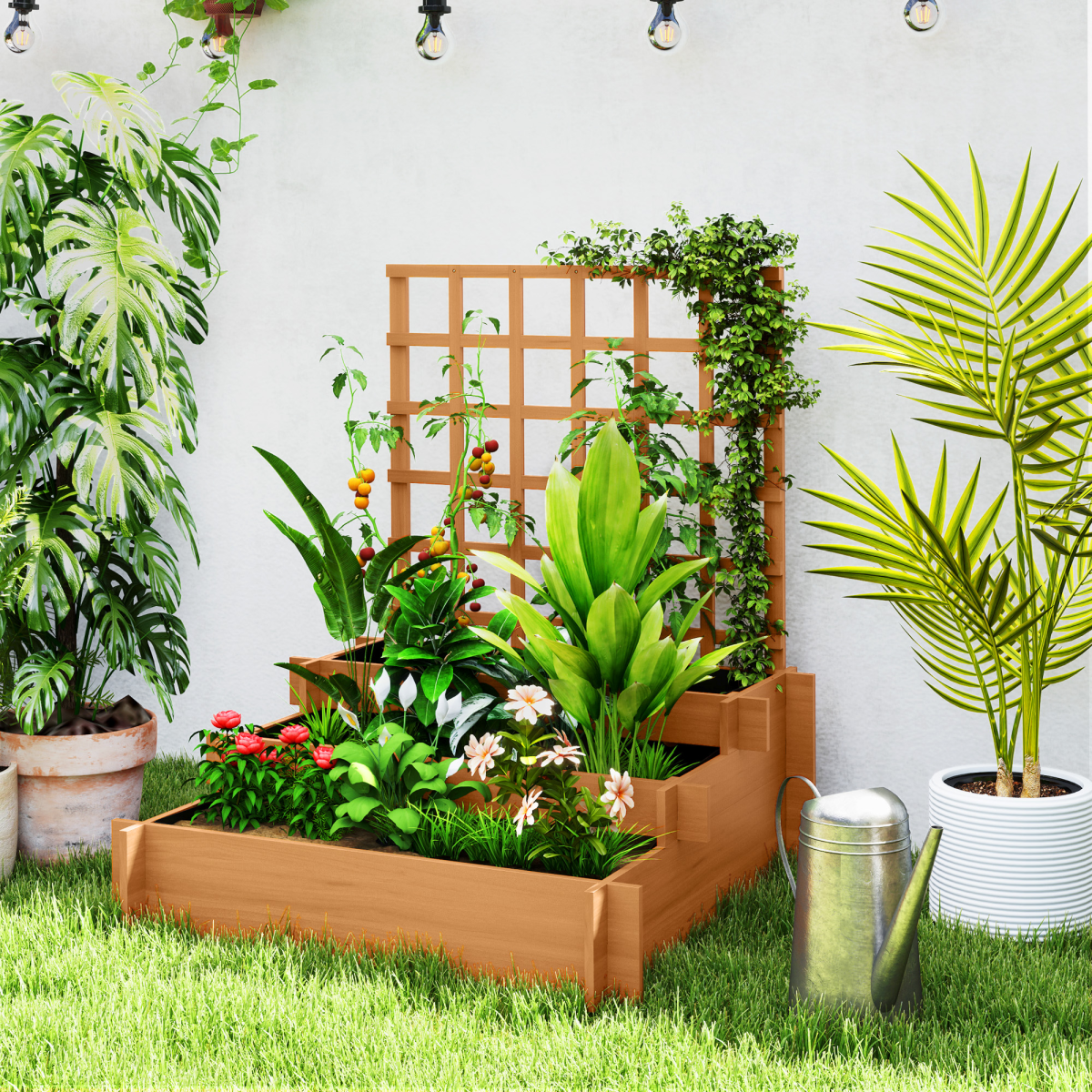 Climbing Plant Trellis with Planters - Durable Fir Wood Garden Feature