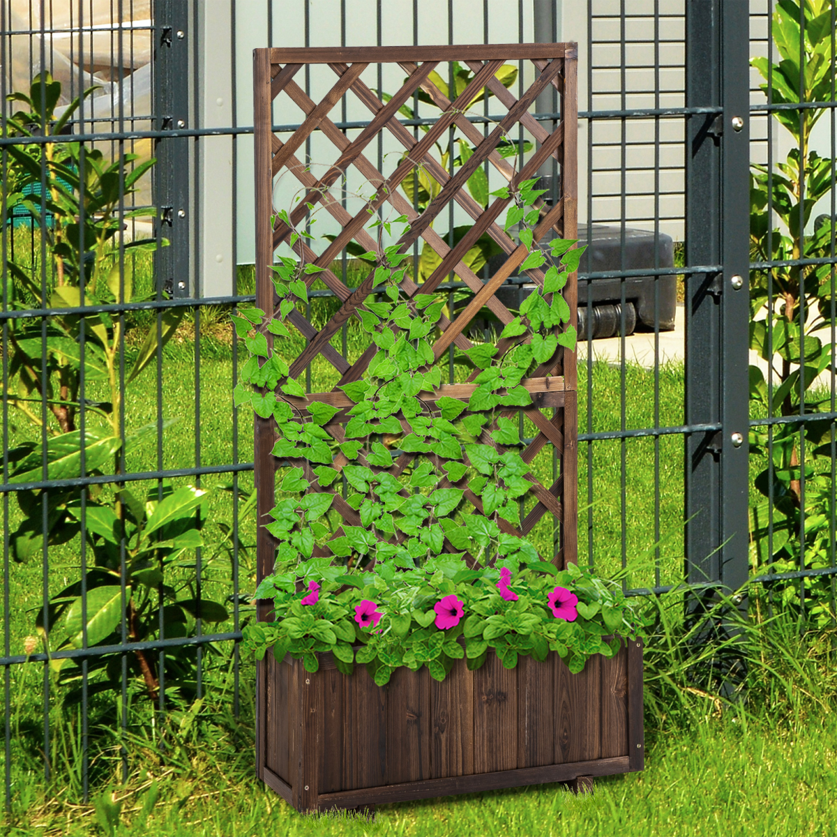 Rustic Pine Trough Planter with Trellis for Vibrant Climbing Plants