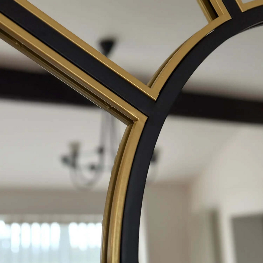 Mio Luxe Black & Gold Arched Metal Window Mirror - 95cm x 120cm Elegance