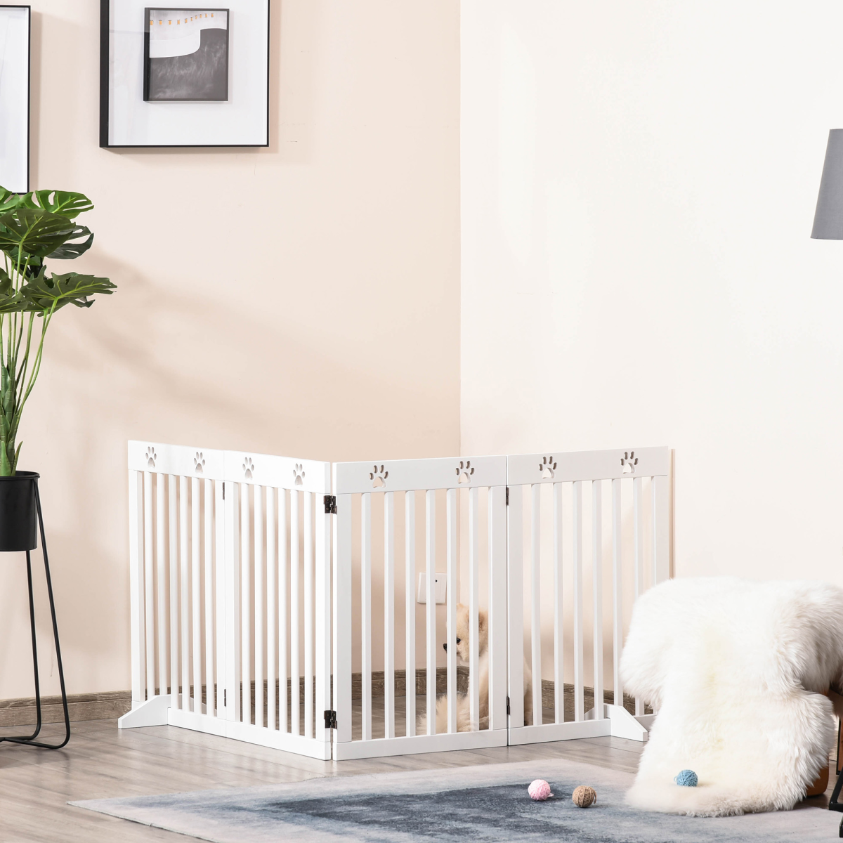 Pet Gate Foldable Freestanding Dog Safety Barrier w/ Support Feet White