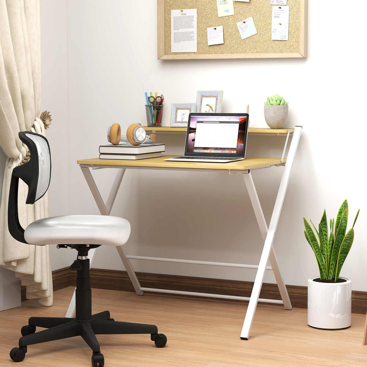 Space-Saving HOMCOM Folding Desk with 2-Tier Shelf – Stylish Maple Wood Design