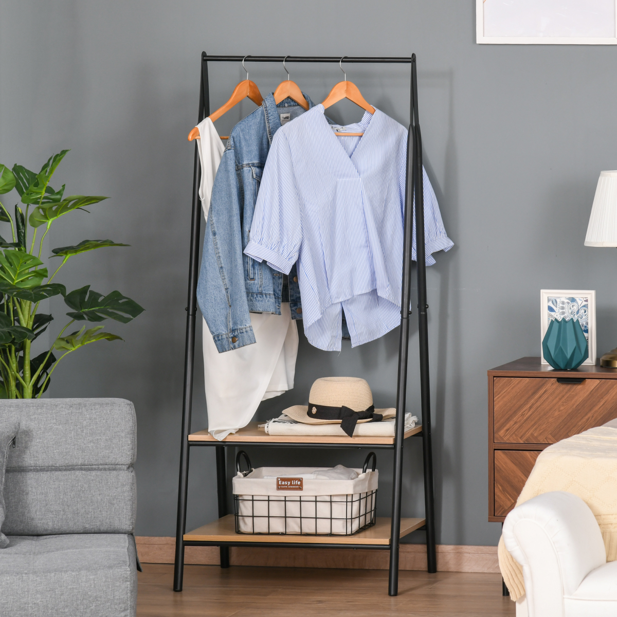 2-Tier Garment Rack, 149 H cm-Black/Wood Grain