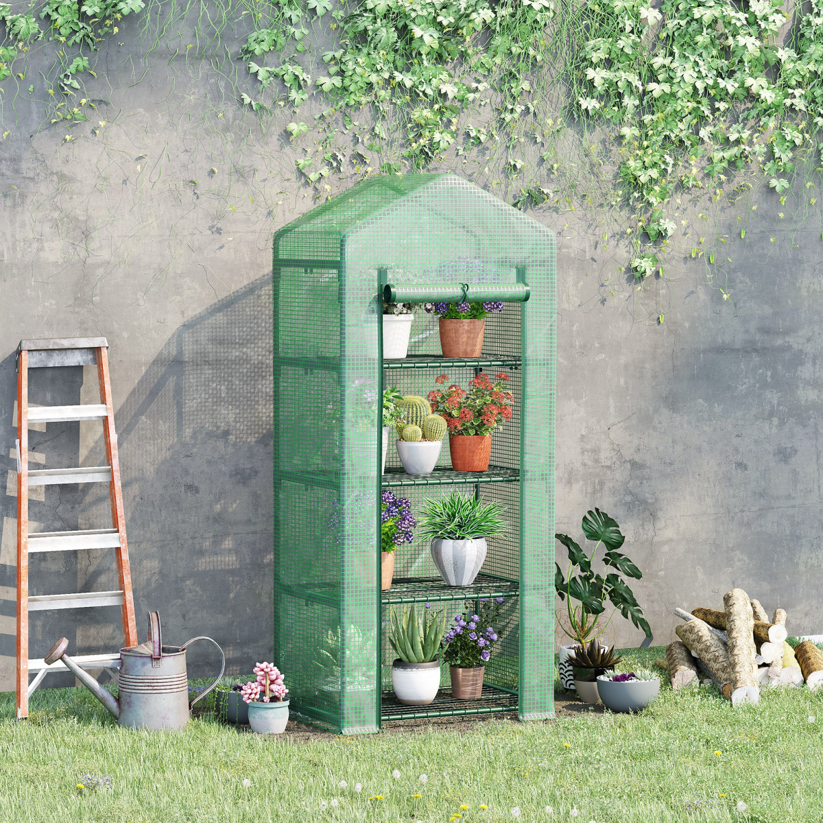 Mini Greenhouse 4-Tier Portable Plant House Shed w/ PE Cover, Green Outsunny