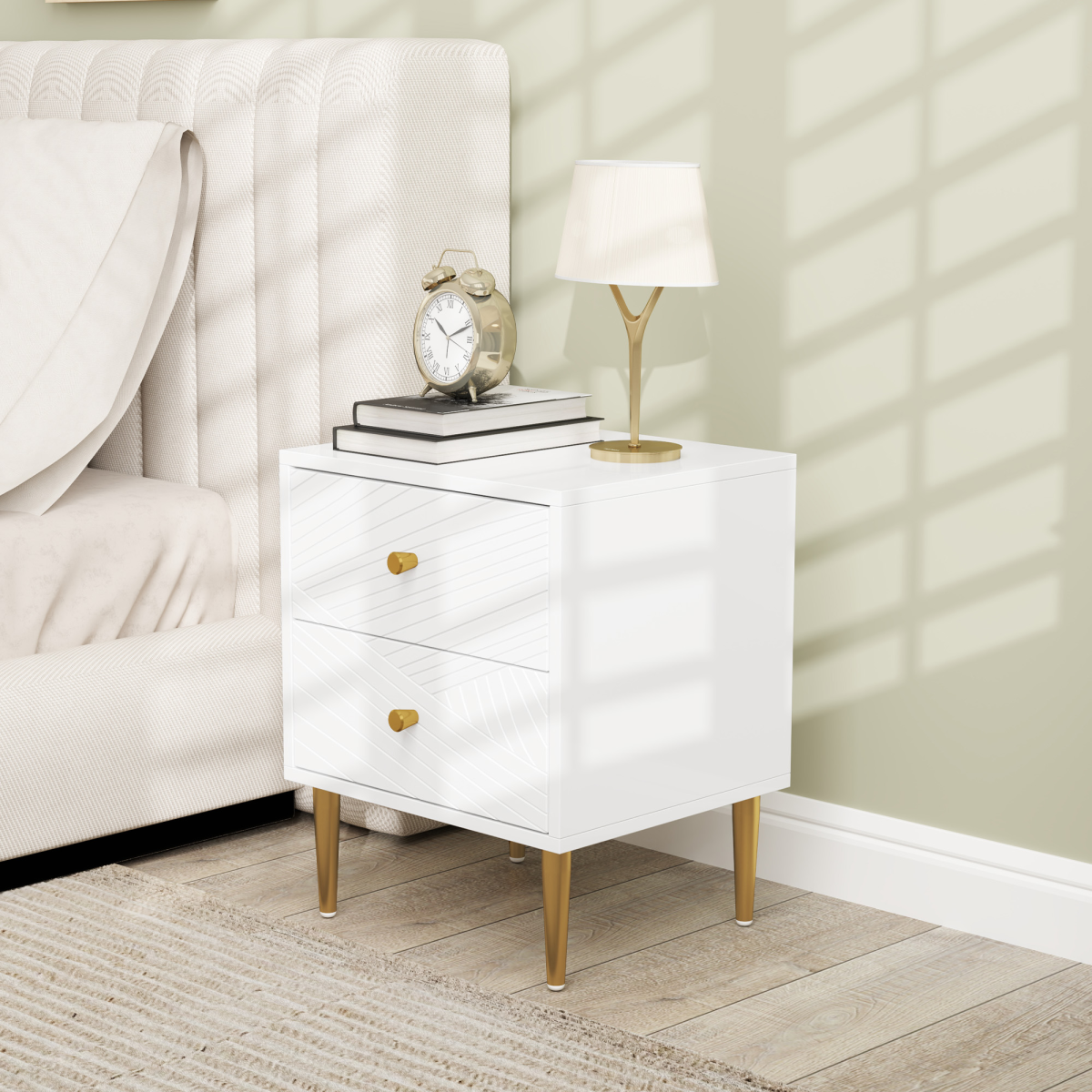 Elegant White Nightstand with Gold Handles & Storage Drawers