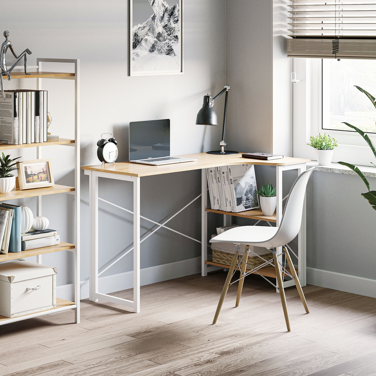 L-Shape Folding Computer Desk Study Workstation with 2 Shelves Oak Tone