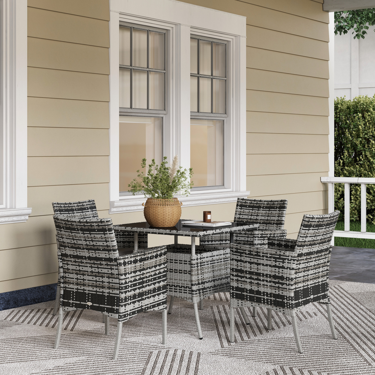 Outsunny 4 Seater Rattan Garden Furniture Set w/ Tempered Glass Tabletop - Grey