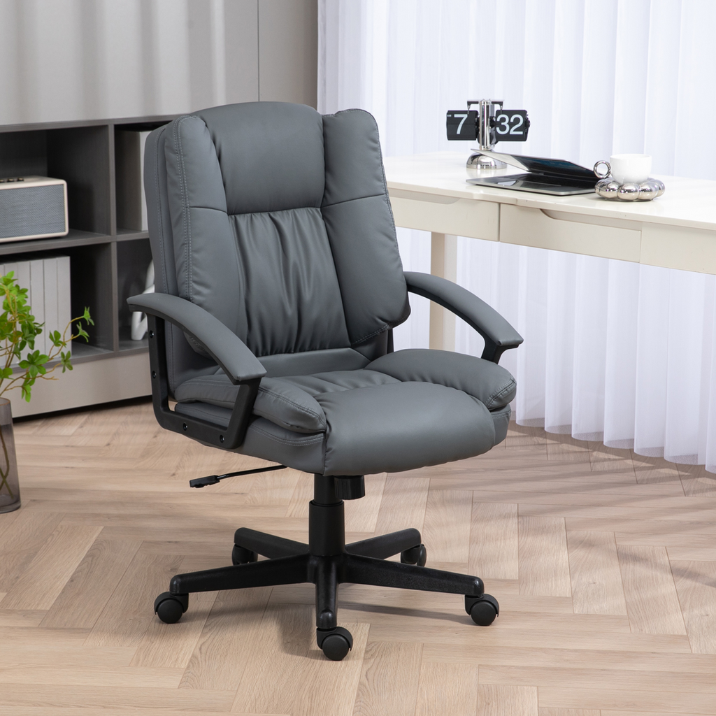 Stylish HOMCOM Dark Grey Faux Leather Mid Back Desk Chair with Adjustable Arms