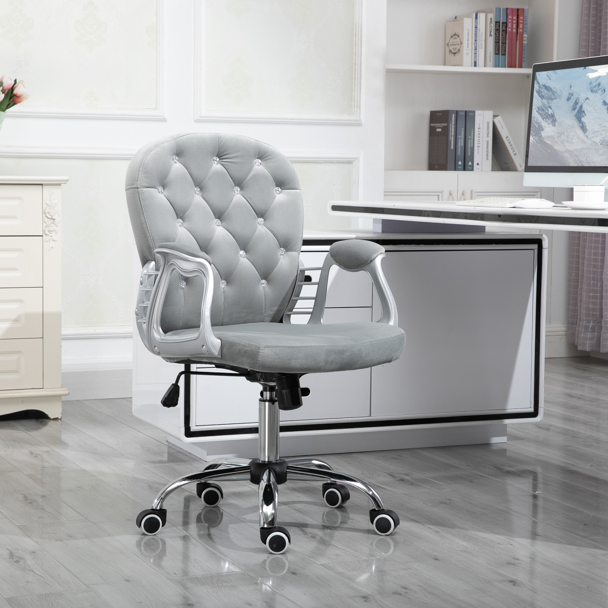 Sparkling Elegance: Ergonomic Velvet Diamond-Tufted Office Chair in Grey