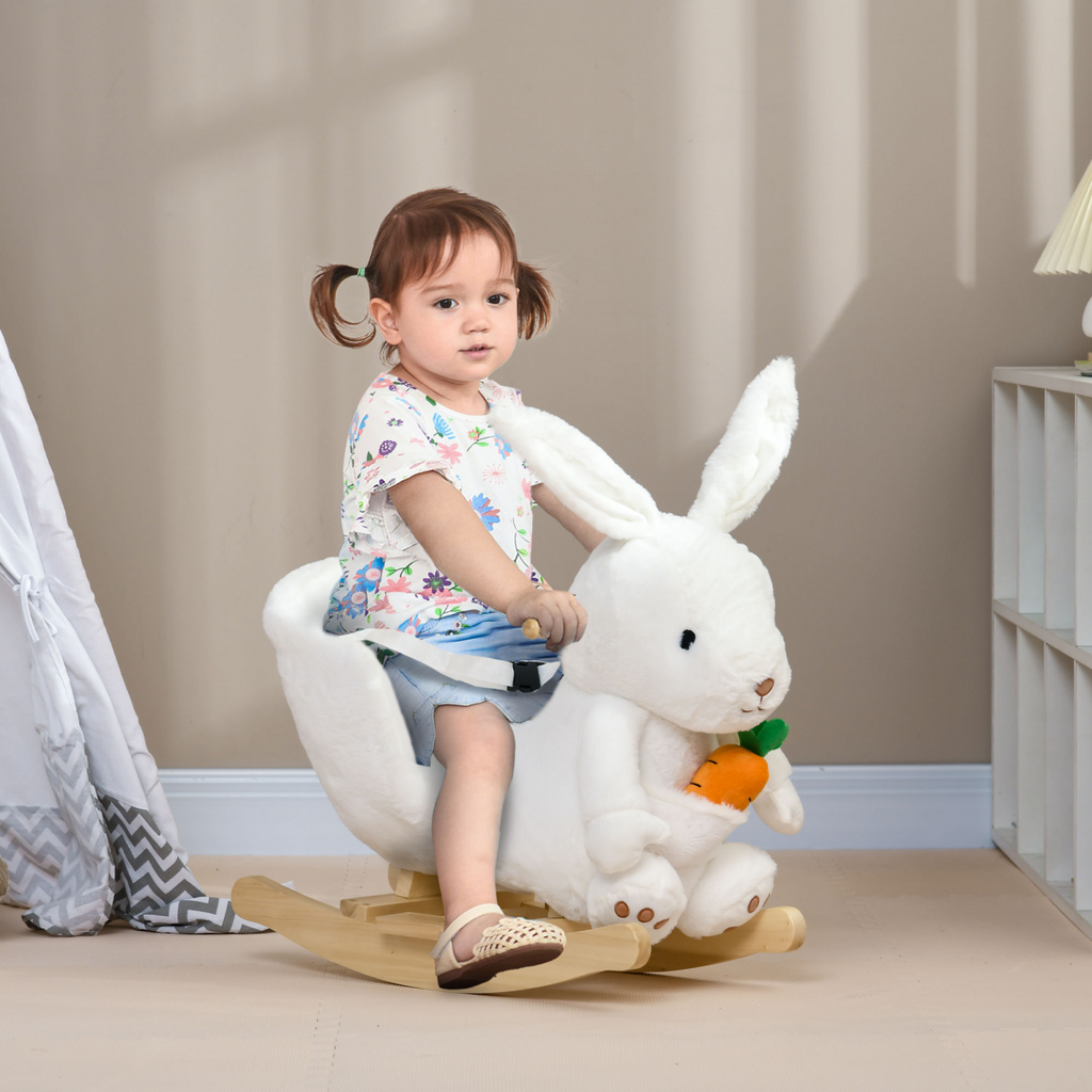 HOMCOM Kids Rabbit-Shaped Rocking Horse with Realistic Sounds Safety Belt  White