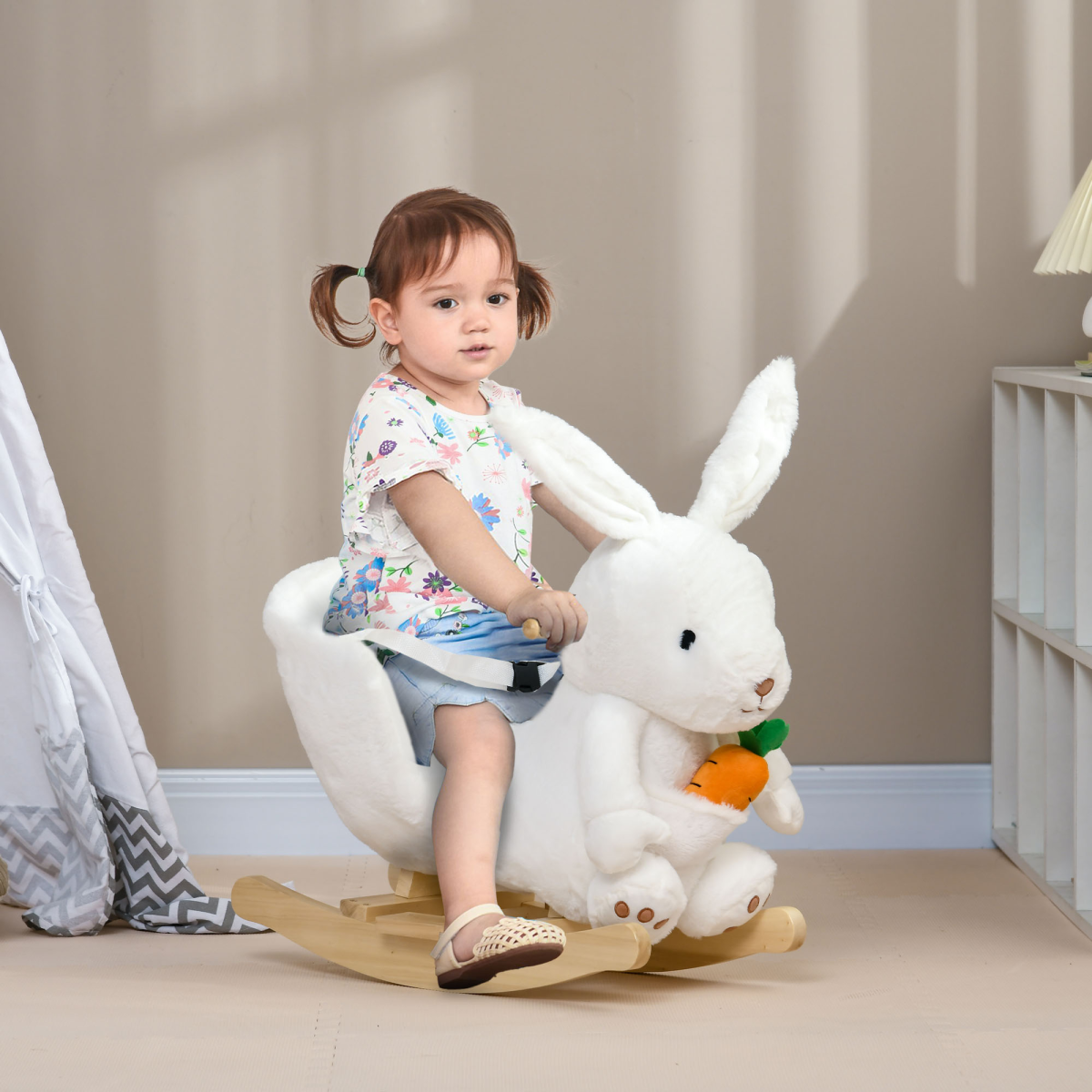 HOMCOM Kids Rabbit-Shaped Rocking Horse with Realistic Sounds Safety Belt  White