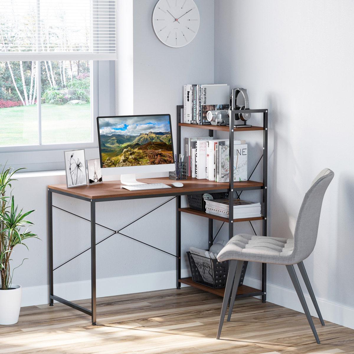 Computer Workstation, Metal Frame-Walnut/ Black