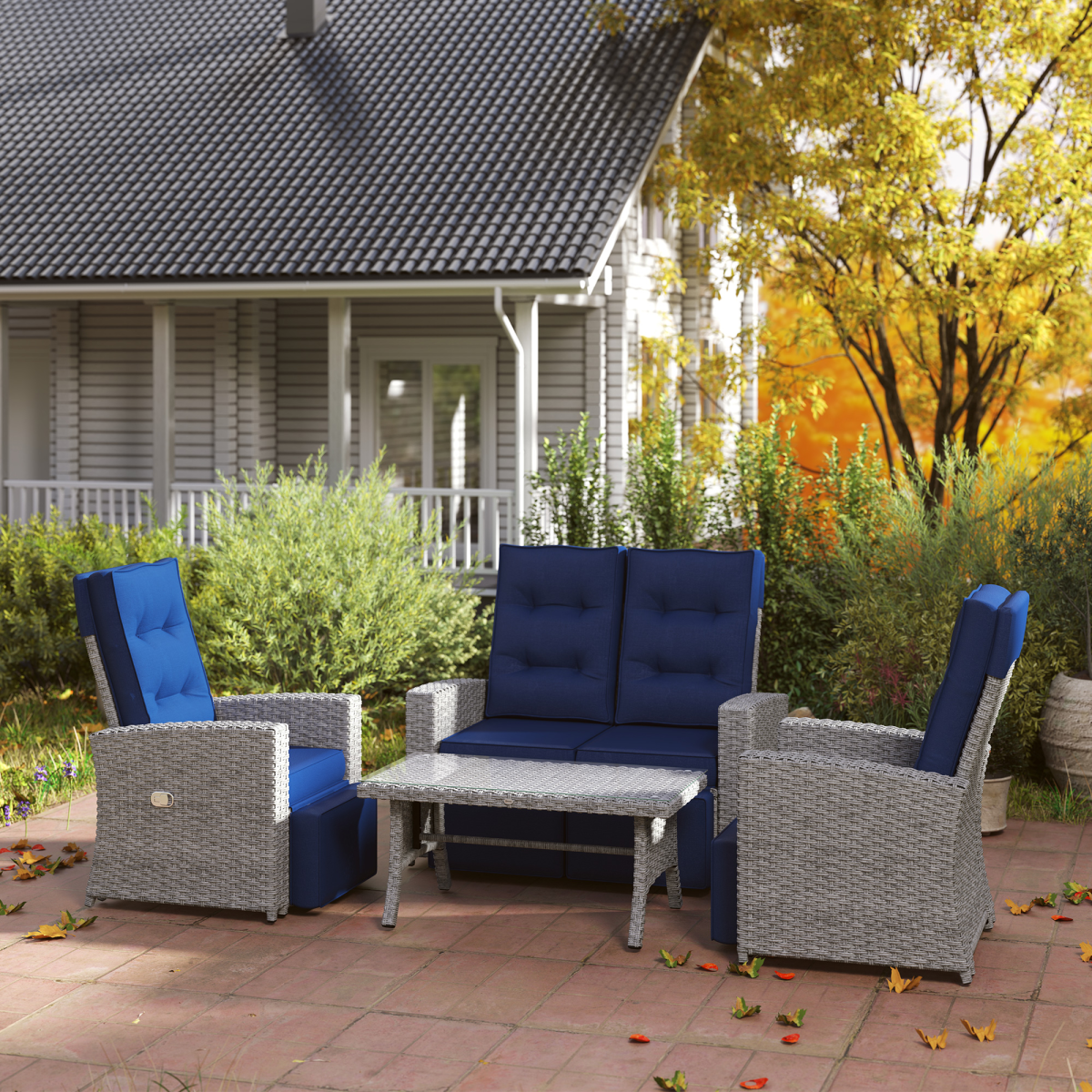 Stylish Grey Rattan Outdoor Set with Reclining Loveseat & Armchairs