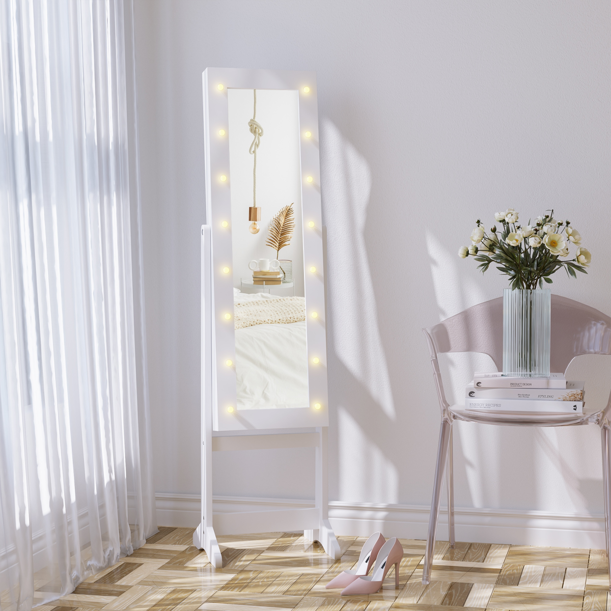 LED Mirrored Jewellery Cabinet, 36Lx30Wx136H cm-White