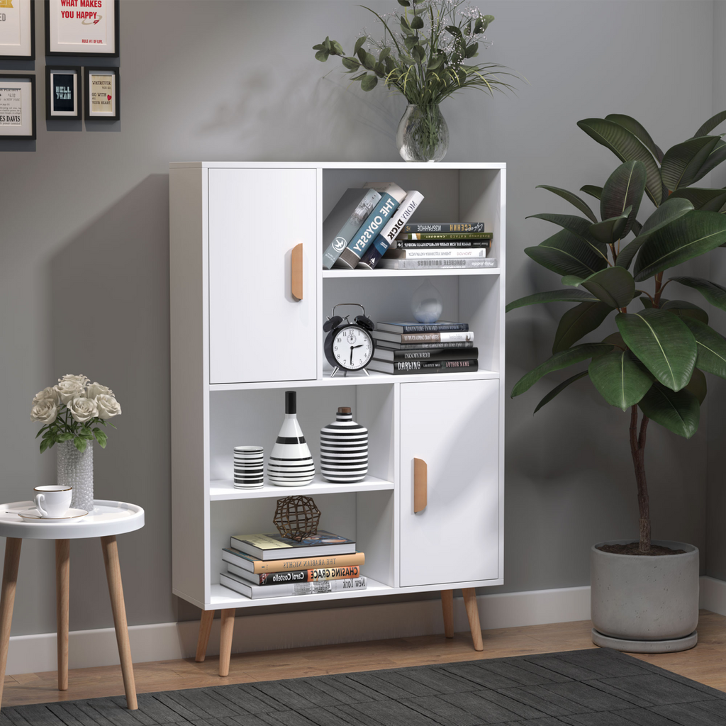 Elegant White Freestanding Bookcase with Dual Doors & Ample Storage Space
