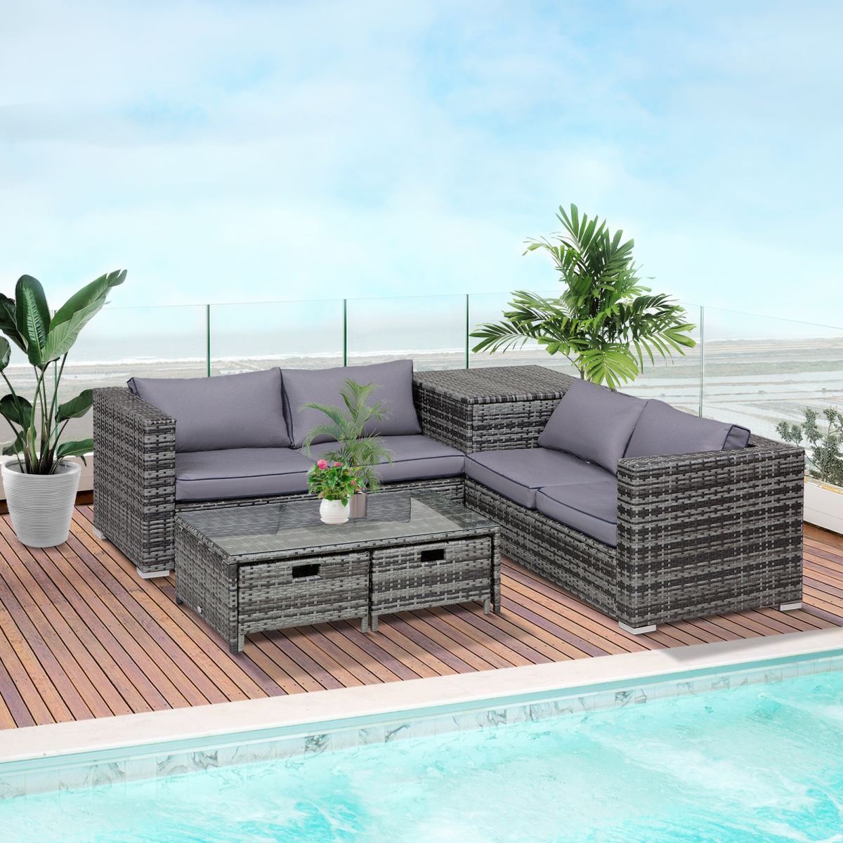 4pcs Rattan Sofa Storage & Table & 2 Drawers Cushions Corner Trunk Coffee Grey