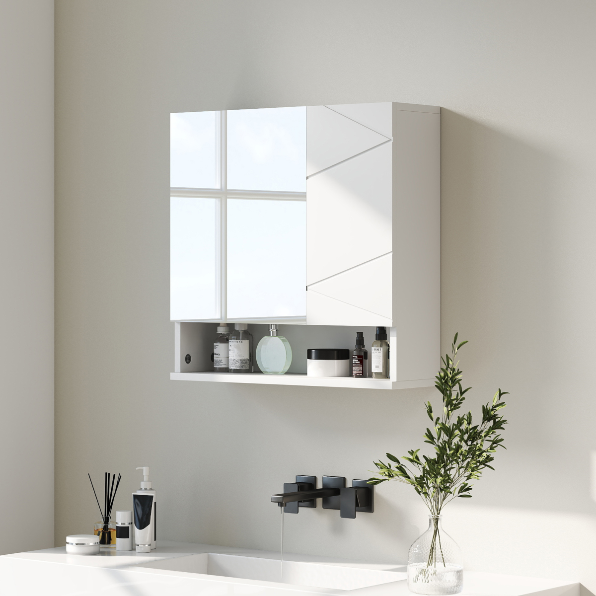 kleankin Wall Mounted Bathroom Storage Cupboard W/ Mirror and Shelf, White