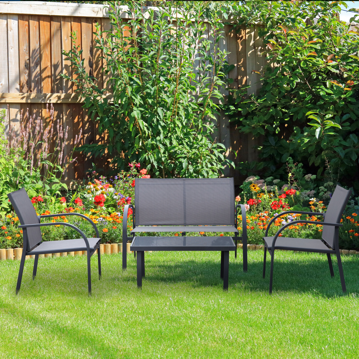 4 Pcs  Dining Set & Loveseat 2 Chairs Glass Top Table Seats Garden Grey