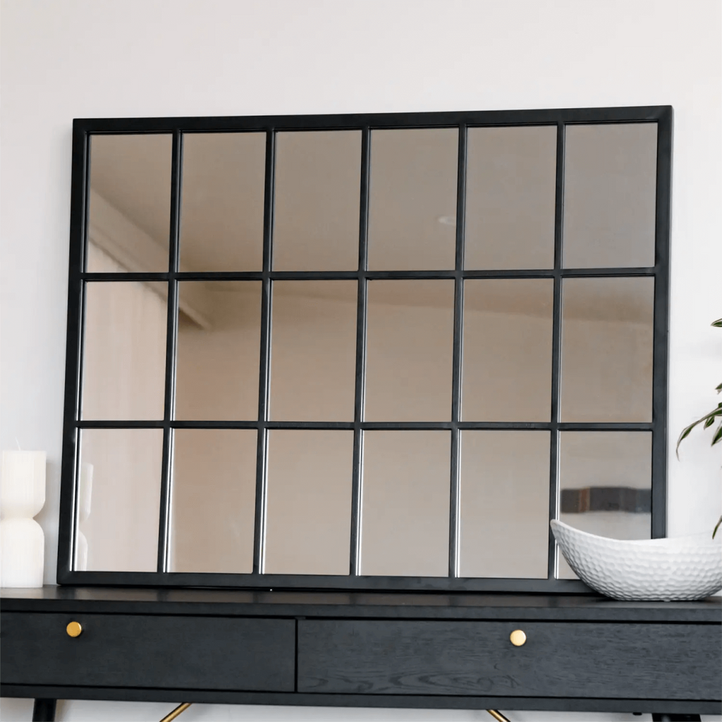 Kyō Black Metal Lattice Window Mirror - Stylish 90cm x 70cm Home Accent