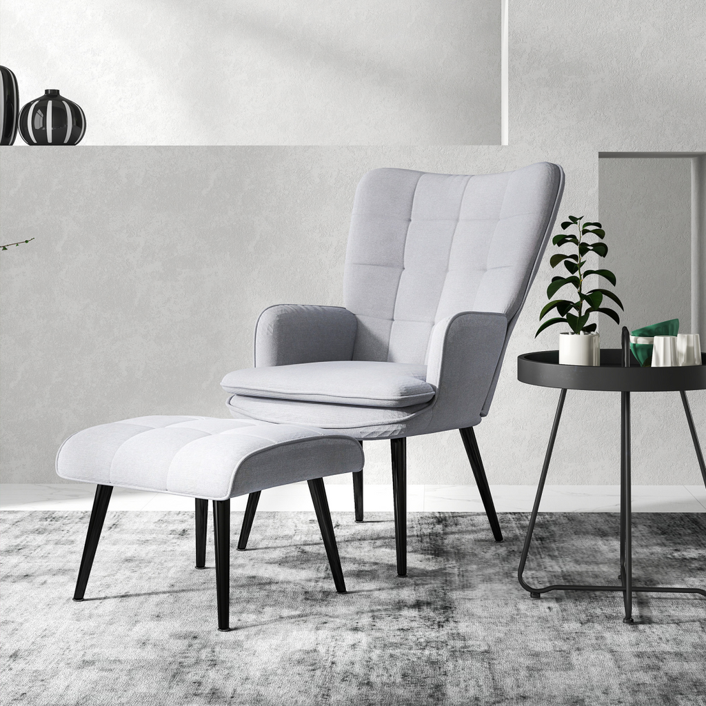 HOMCOM Living Room Chair with Footstool and Steel Legs, Light Grey