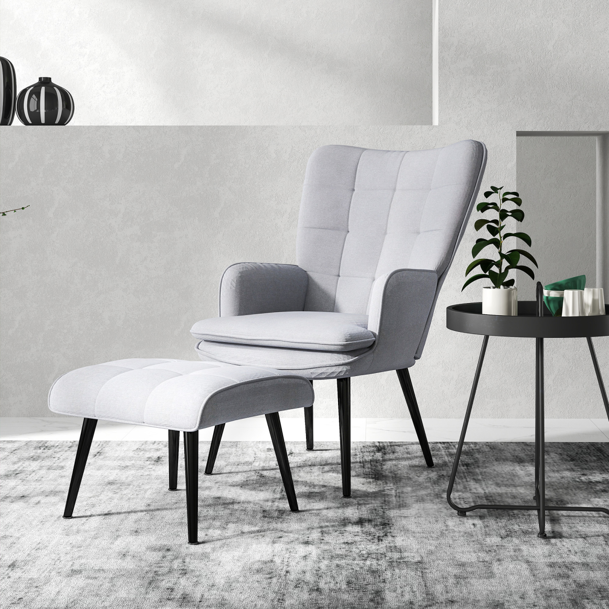 HOMCOM Living Room Chair with Footstool and Steel Legs, Light Grey