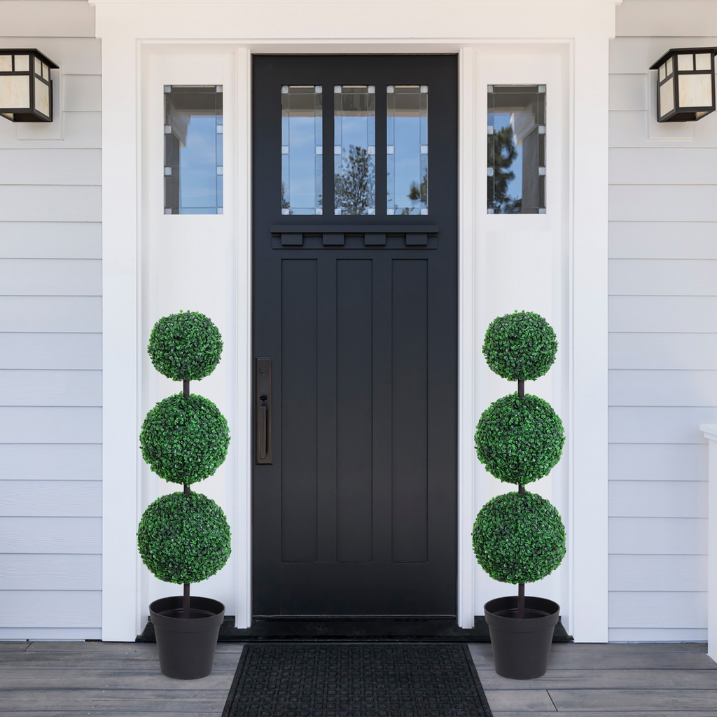 PE Set of 2 Artificial Boxwood Three Balls Topiary Plant Tree's Green