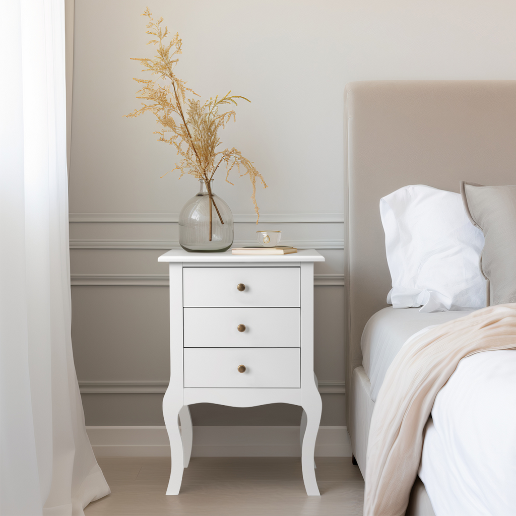 Elegant European White Bedside Table with 3-Tier Storage & Simple Design