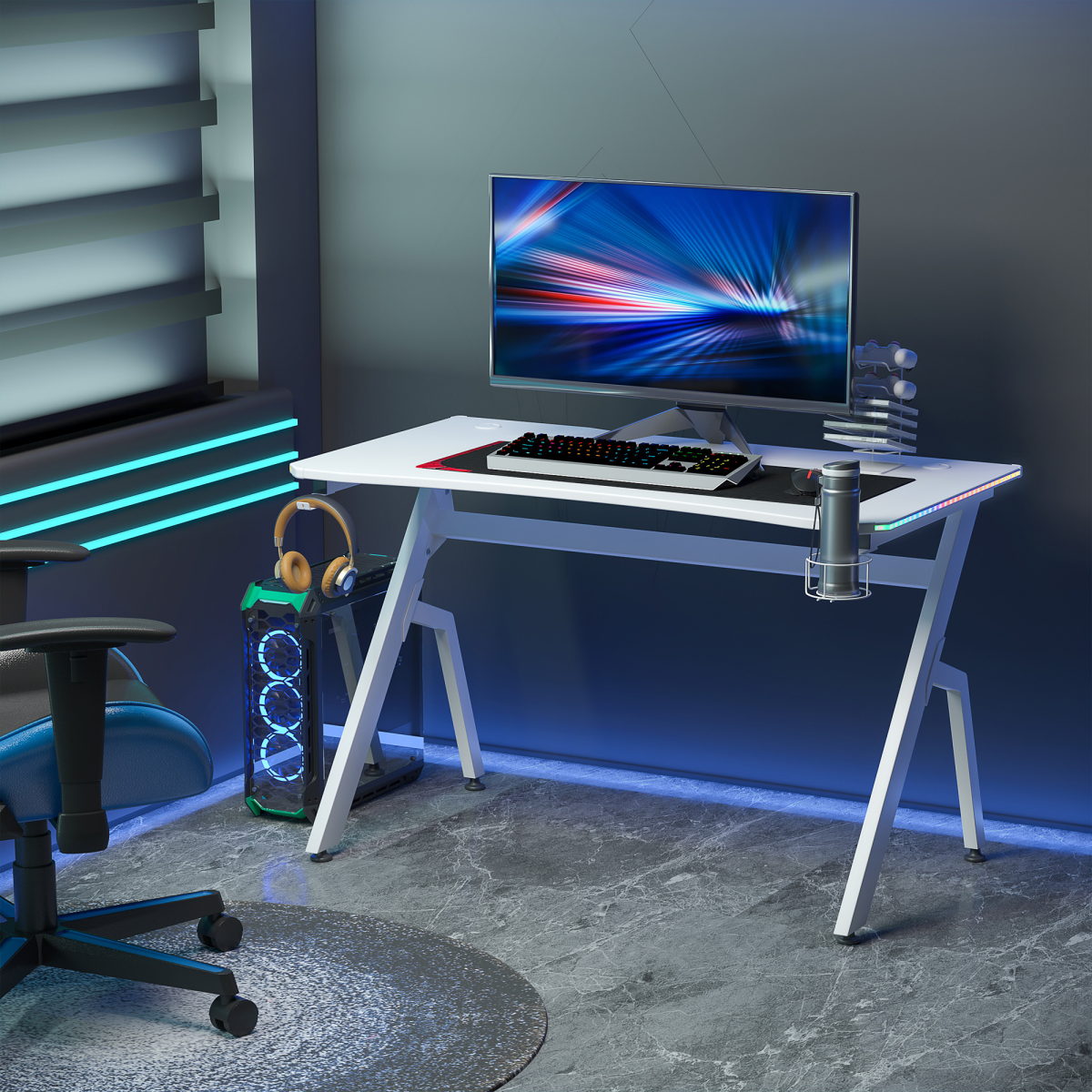 Gaming Desk Racing Style Computer Table RGB LED Lights, Hook, White