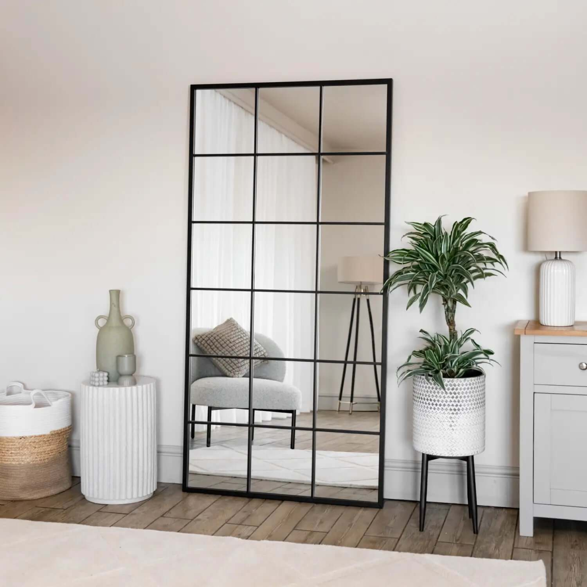 Kyō Black Metal Rectangle Lattice Window Mirror - Elegant 180cm x 90cm Design