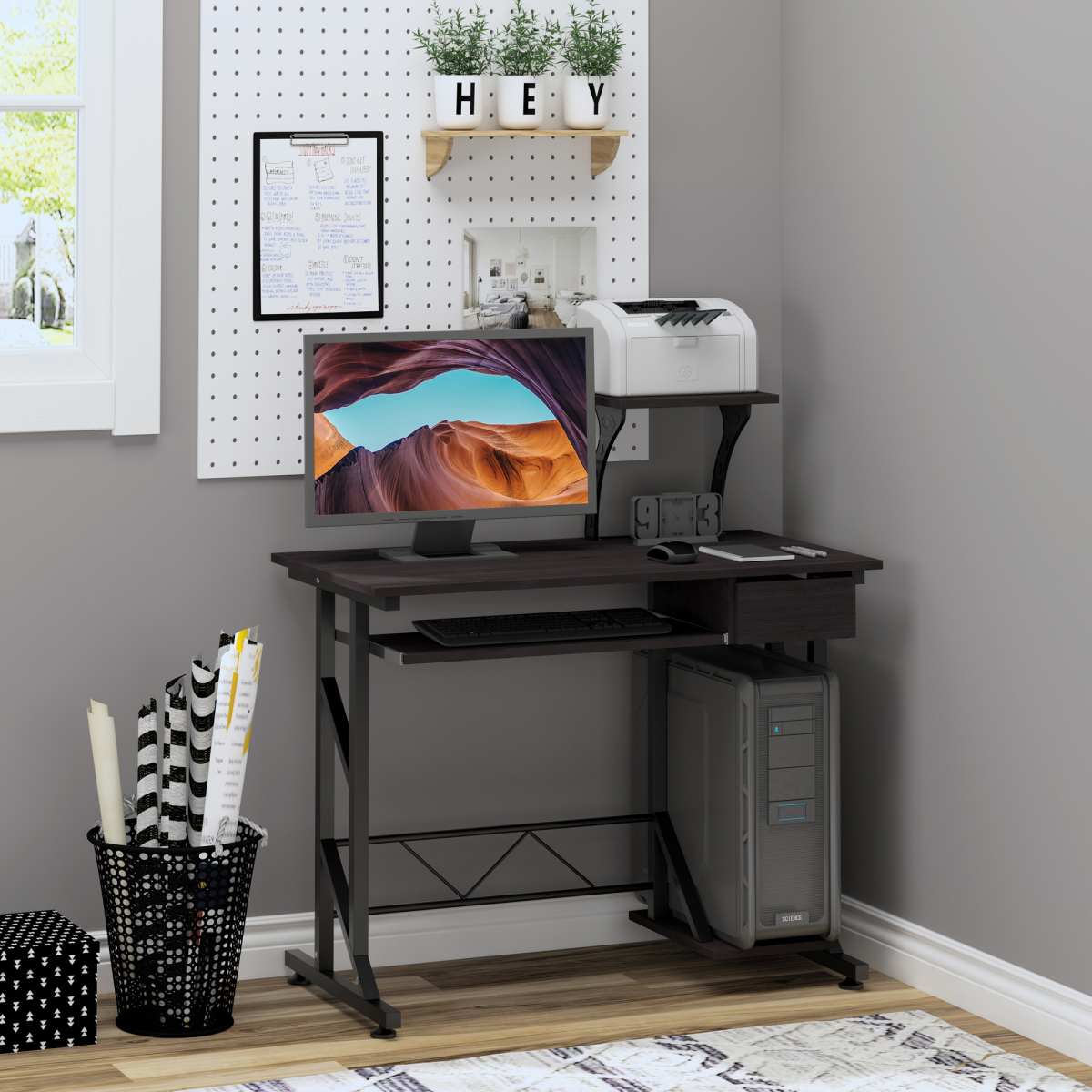 Compact Modern Home Office Desk with Sliding Tray & Movable Shelf - Dark Brown