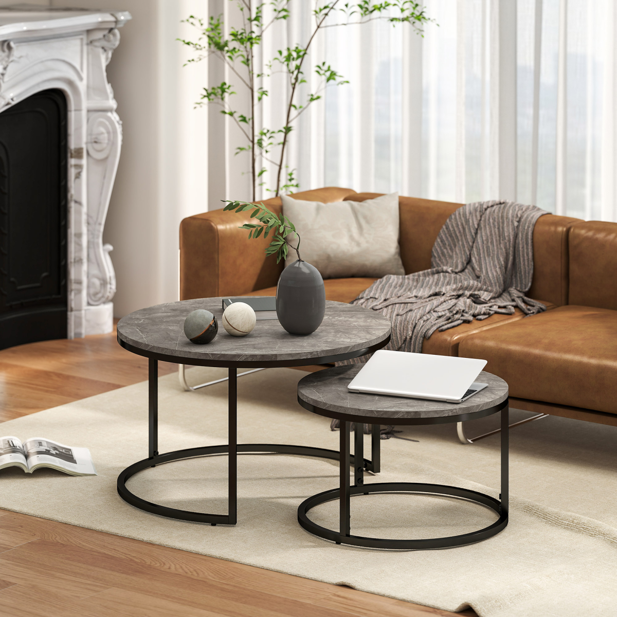 HOMCOM 2 Pcs Stacking Coffee Table Set Steel Frame Marble-Effect Top Foot Pads
