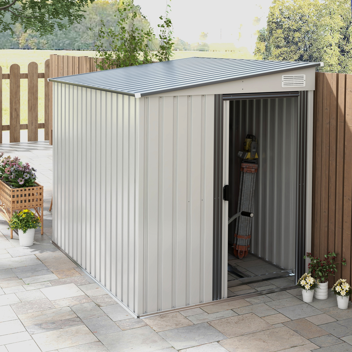 Outsunny 5 x 7FT Garden Shed with Foundation Lean to Metal Tool Shed White